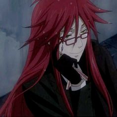 an anime character with red hair and glasses