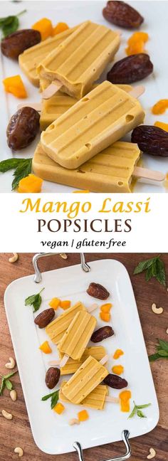 mango lassi popsicles on a plate with nuts