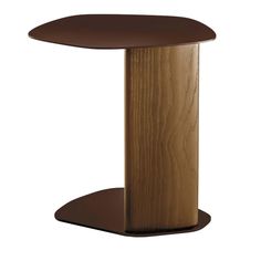 a wooden table with a metal base and brown wood grained finish on the top