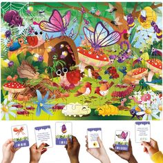 four hands holding up cards in front of an image of bugs and butterflies on the ground