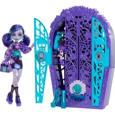 a doll with purple hair standing next to a purple and blue case