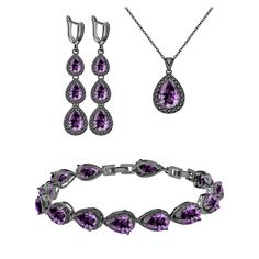 PRICES MAY VARY. ❤What You Get: ❤ 1 gift package includes 1 piece bracelet, 1 pair dangle earring and 1 piece of pendant necklace, 1 Adjustable ring (You can adjust the ring size by yourself, no need to measure),1 complete jewelry set for your matching needs, suitable for most women. ❤High Quality Material:❤ This Women's Jewellery Set is made of black gun gold plated,Main stone is created purple teardrop amethyst,Side stone is white cubic zirconia. High Polished. Nickel-free, Hypoallergenic and Mother's Day Formal Cubic Zirconia Jewelry Sets, Elegant Jewelry For Mother's Day Party, Mother's Day Party Crystal Jewelry, Formal Crystal Jewelry For Mother's Day, Purple Cubic Zirconia Jewelry Sets For Gift, Purple Cubic Zirconia Jewelry Sets As Gift, Cubic Zirconia Jewelry Sets For Bridesmaid Gift, Elegant Jewelry Sets With Bracelets For Party, Elegant Adjustable Jewelry Sets For Valentine's Day