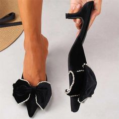 TAAFO Black Kitten Heels Rhinestone Trim Bow Pointed Toe Mules Shoes US 3 / EU 33-Black Velvet Kitten Heels, Heels Rhinestone, Cowboy Shoes, Black Kitten Heels, Boots Square Toe, Spool Heel, Black Kitten