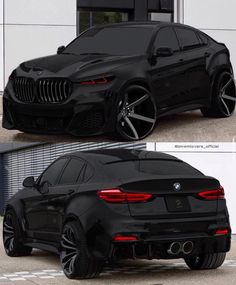 the front and back view of a black bmw suv with chrome rims on it