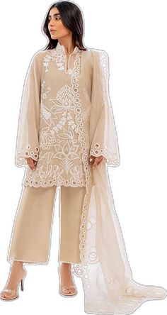 Cream Organza Sets With Intricate Embroidery, White Organza Lawn Suit With Lace Work, Elegant Embroidered Organza Palazzo Set, Cream Organza Sets With Lace Work, Elegant White Unstitched Suit For Spring, Elegant Cream Organza Set, Elegant Beige Sharara With Intricate Embroidery, Elegant Beige Sharara For Eid, Elegant Salwar Kameez With Intricate Embroidery For Summer