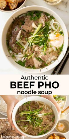 an image of beef pho noodle soup with chopsticks