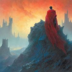 a painting of a man in a red cape sitting on top of a mountain looking at the sky