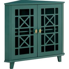 a green cabinet with two doors on the front and one door open to reveal an interesting design