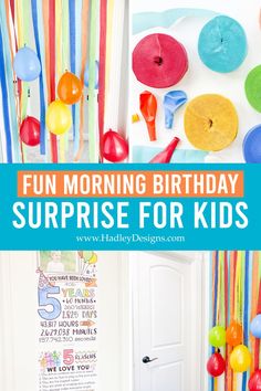 birthday surprise for kids with colorful balloons and streamers on the wall in front of them