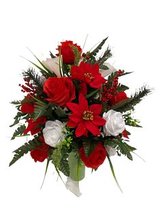 a bouquet of red and white flowers with greenery