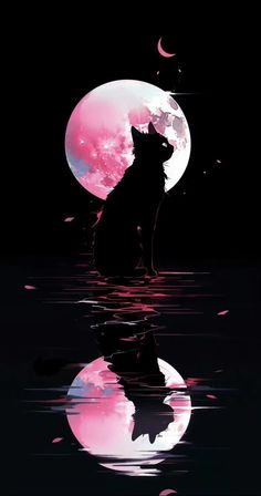 a cat is sitting in the water at night with pink moon and clouds behind it