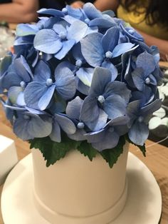 there is a white hat with blue flowers in it