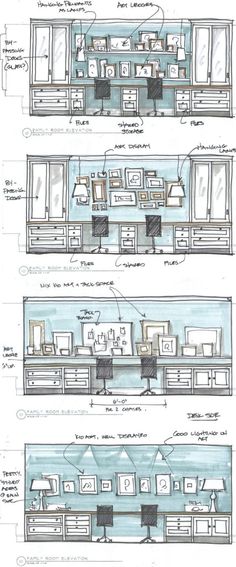 three drawings of kitchen cabinets and drawers with blueprints on the side, one showing an