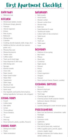 the first apartment checklist is shown in pink