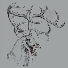 a drawing of a deer with antlers on it's head and the mouth open