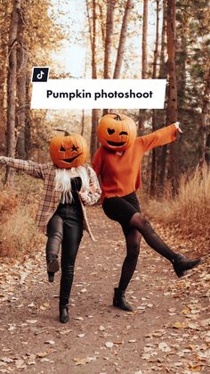 two people dressed up as pumpkins on a path in the woods with text that reads, pumpkin photoshoot