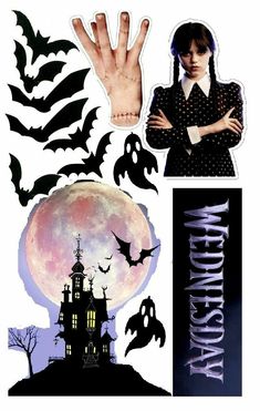 a collage of halloween stickers including a hand, castle and bats with the moon in the background