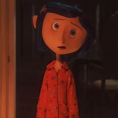 an animated girl with blue hair standing in front of a door and looking at the camera