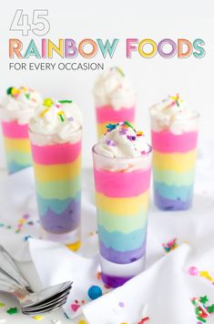 three glasses filled with ice cream and sprinkles on top of a table