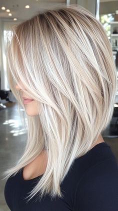 Lob Haircuts Choppy A Line Bob, A Line Lob Haircut, Long Blonde Bob Hairstyles, Lob Thick Hair, Long Bobs Haircuts, Long Bobs For Thick Hair, Blonde Hairstyles Medium Length, Long Angled Bob Haircuts, Thick Hair Lob