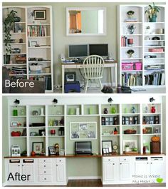 before and after pictures of a home office with built - in bookcases, bookshelves, and desk