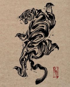 an ink drawing of a tiger on brown paper with chinese characters in red and black