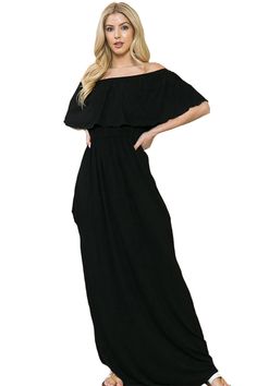 This versatile Off Shoulder Maxi Dress from Iconic Luxe will be a perfect statement piece for any occasion. Sophisticated, elegant and comfortable, this dress features a concealed side pockets and elastic off shoulder ruffle detail. It is sure to be a hit for the warmer months and is easy to dress up. 95% Rayon, 5% Spandex Made in the USA Pull On closure Features: ruffled off-shoulder detail, elastic waist, concealed side pockets, maxi length Suit for: work, street wear, daily wear, date night, movie night, Sunday brunch, farmers market, vacation, traveling, beach, special occasions, barbeque party, wedding, baby shower, bridal shower Season: spring, summer, fall Model is 5’8” and wearing size Small. Hand wash cold. Do not bleach. Hang to dry. Traveling Beach, Girls Accesories, Barbeque Party, Night Movie, Maxi Dress With Pockets, Plus Jumpsuit, Off Shoulder Maxi Dress, Mint And Navy, Maternity Shops