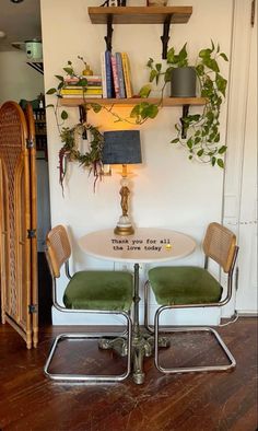 two chairs and a table with plants on the shelves above them in a room that has wood flooring