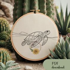 a cross stitch pattern with a sea turtle in the water and cactuses behind it