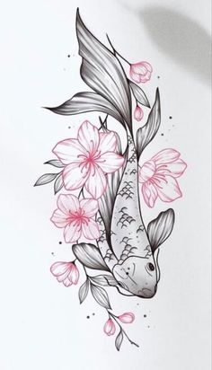 a drawing of a koi fish with pink flowers on it's back side