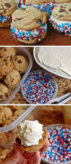 there are many cookies and ice cream sandwiches on the table with red, white, and blue sprinkles