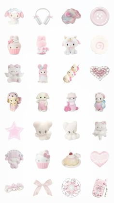 many different types of teddy bears and other items on a white background with pink accents