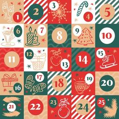 a christmas calendar with numbers and symbols on it's side, including the number one