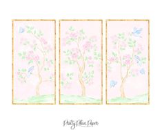 three paintings with flowers and birds on them, one is painted in pastel pink