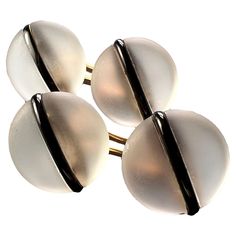 A pair of French 18K (18 karat) yellow gold cufflinks designed as a pair of rock crystal circular convex discs with a stripe of black enamel bisecting each one. Stamped with the eagle’s head for French manufacture and 18 karat gold with an unknown maker’s mark. Dimensions: 1.55 x 1.4 x 3.7 cm Weight: 9.20 grams Antique Cufflinks, Gold Cufflinks, Vintage Jewels, Tie Accessories, Rock Crystal, Cuff Links, Gold Charm, Black Enamel, Charm Pendant