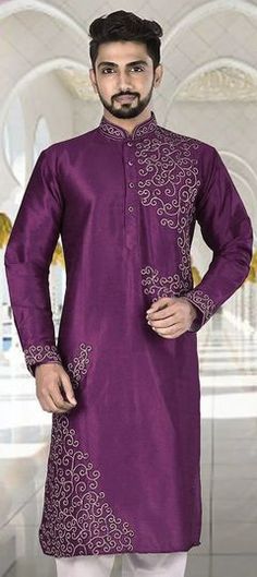 Purple and Violet color Kurta in Dupion Silk fabric with Aari, Embroidered work Purple Long Sleeve Traditional Wear With Embroidered Border, Purple Kurta With Embroidered Border For Eid, Purple Intricate Embroidered Fabric For Eid, Unstitched Purple Fabric With Embroidered Border, Purple Unstitched Embroidered Fabric With Border, Unstitched Purple Embroidered Fabric With Embroidered Border, Purple Embroidered Border Fabric, Unstitched, Purple Embroidered Fabric With Embroidered Border, Purple Embroidered Fabric With Pallu For Eid