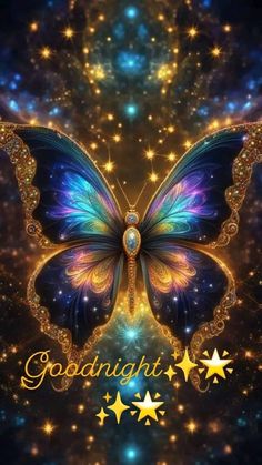 a blue butterfly with gold stars on it's wings and the words, goodnight