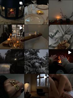 a collage of photos with candles and objects in them, including an open fire place