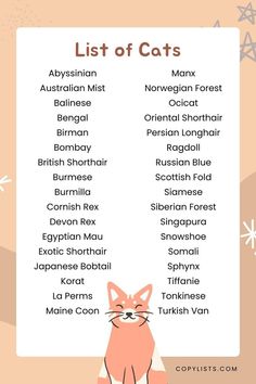 a list of cat breeds with a cartoon cat at the bottom middle. Siberian Forest, Turkish Van, Burmilla, Japanese Bobtail, Ocicat, Egyptian Mau, Tonkinese, Cornish Rex, Korat