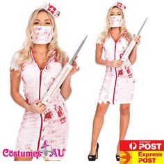 a woman dressed as a nurse holding two knives and wearing blood all over her face