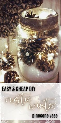 an easy and cheap diy rustic winter pinecone vase