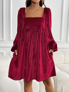 A-Line High Waisted Pockets Solid Color Split-Joint Velvet Square-Neck Mini Dresses BURGUNDY-XL Mini Dress With Boots, Square Neck Long Sleeve Dress, Burgundy Mini Dress, Square Neck Long Sleeve, Costume Intero, Solid Color Dress, Dress Crafts, Weave Style, Daily Dress