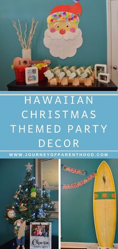 the hawaiian christmas themed party is decorated with surfboards, pineapples and sushi