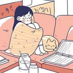 a woman wrapped in a blanket sitting on a couch next to a cat and laptop