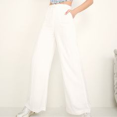 Bardot Pin Tuck Pants Ivory Size: Small Classic Relaxed Tailoring In The Softest Linen Blend Means You Will Continue To Reach For The Pintuck Pant Season After Season. Featuring A High Rise Waist, Silhouette Defining Pintucks, Flared Leg And Side Pockets, This Piece Styles Perfectly With The Kiara Shirt Or A Classic Tee. - Pin Tuck Detailing Down The Leg Front - Fused Waistband With Belt Loop Detailing - Fully Lined - Fabrication: 70% Viscose, 30% Linen White High-waisted Wide Leg Pants With Pockets, White Linen Pants For Spring, White Straight Leg Bottoms For Day Out, Chic White Wide Leg Pants With Relaxed Fit, Chic White Linen Wide Leg Pants, Spring Off White High-waisted Wide Leg Pants, Chic White High Waist Bottoms, Chic High Waist White Bottoms, Chic High-waisted White Bottoms