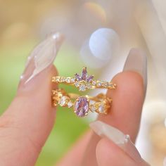 Amethyst Rococo Ring Set - Gold - Plated - Abbott Atelier Vintage Purple Crystal Ring, Fairy Rings Set, Unique Adjustable Purple Crystal Ring, Amethyst Crystal Ring For Wedding, Fine Jewelry, Luxury Purple Crystal Ring, Fine Jewelry, Diamond Crystal, Earring Necklace, Ring Necklace, Artisan Jewelry