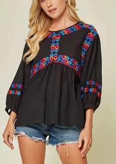 Bring some bohemian vibes to your wardrobe with our Boho Embroidered Lightweight Black Top. This top features beautiful embroidery and is made from lightweight material, making it perfect for any casual or dressed-up look. Embrace your inner free spirit with this unique and stylish top. 3/4 length sleeves with button cuffs 100% Rayon Pull-over style Floral Embroidery Top, Velvet Top Long Sleeve, Boho Peasant Top, Pretty Embroidery, Women Floral Blouse, Tiered Tops, Bohemian Vibes, Floral Embroidered Top, Embroidery Top