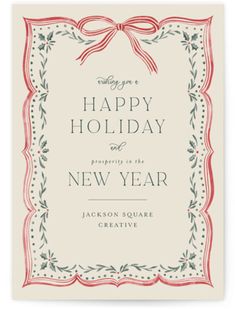 a happy holiday and new year card with a bow on the front, in red and green