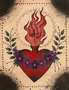 a painting of a heart with flowers and a cross on it's side, surrounded by black cats