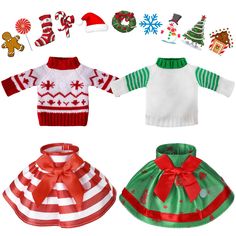 four knitted christmas sweaters and hats with bows on the top one is red, white, green and blue